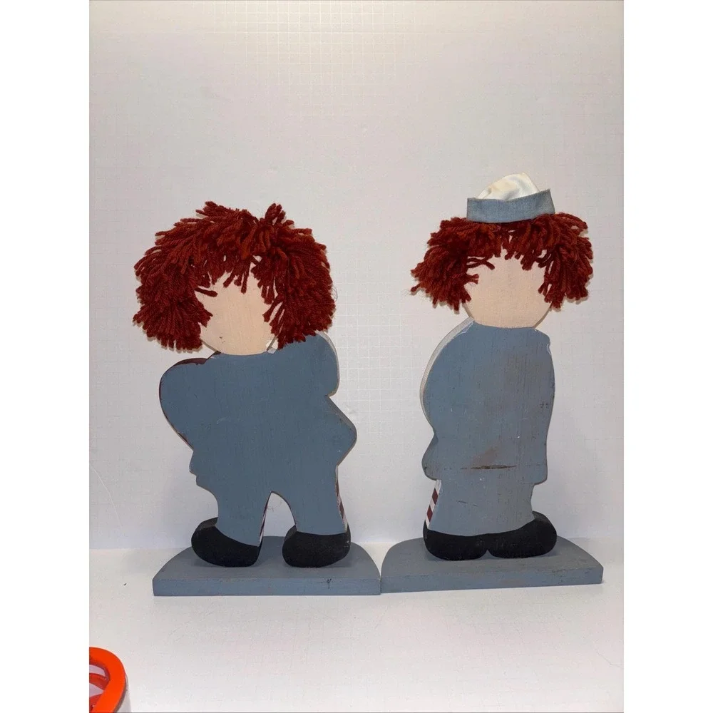 Large Raggedy Ann & Andy Wood Figures Hand Painted Yarn Hair Country Decor 14